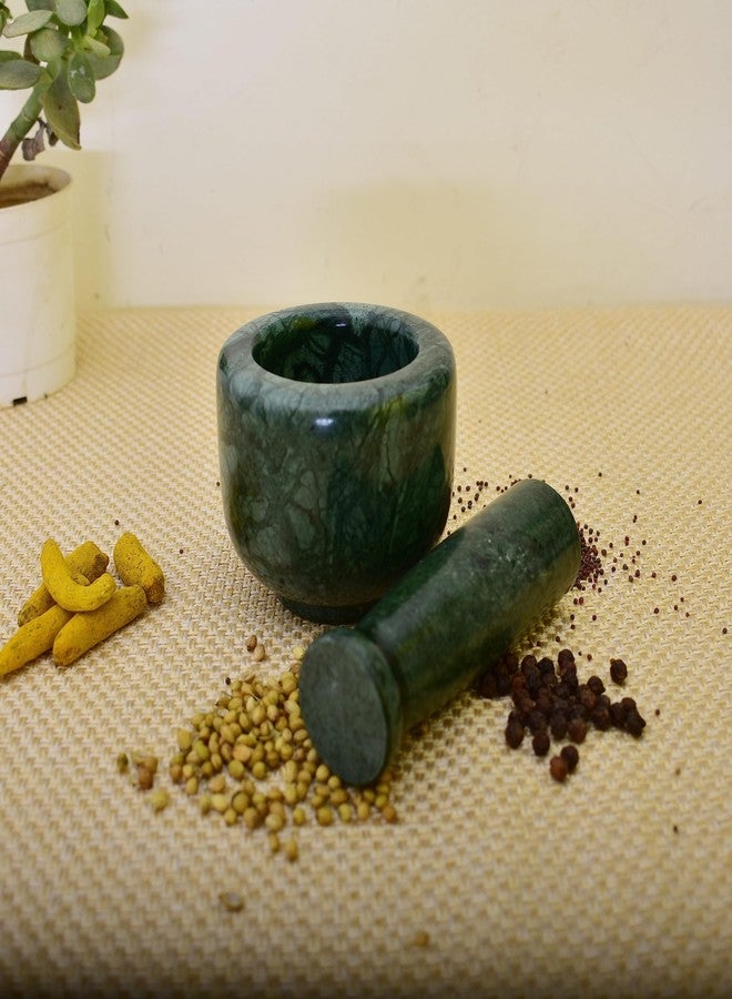 KunhaR Natural Green Marble Mortar and Pestle Set 3 x 2.5 Inches Full Polish - Imam Dasta Ohkli Musal Kharal Spice Grinder - Image 2